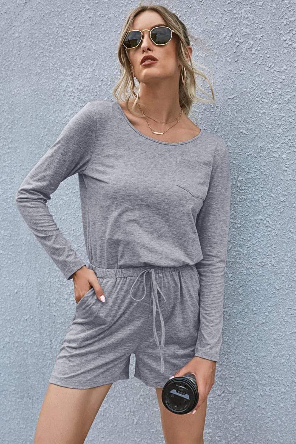 Drawstring Waist Long Sleeve Romper - Trendsi - Flyclothing LLC