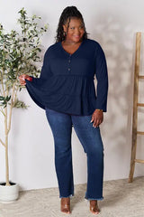 Double Take Half Button Long Sleeve Ruffle Hem Blouse - Trendsi - Flyclothing LLC
