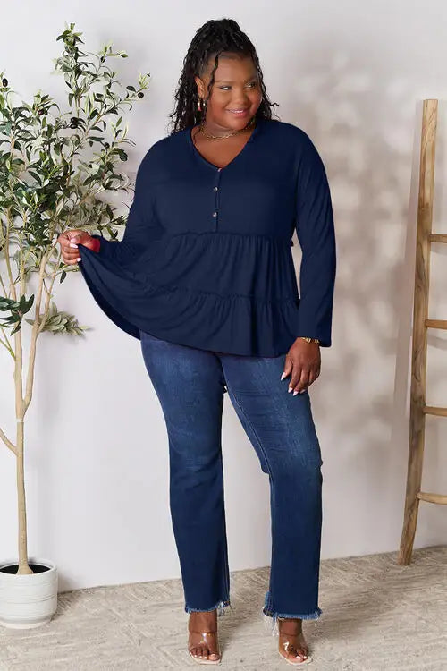 Double Take Half Button Long Sleeve Ruffle Hem Blouse - Trendsi - Flyclothing LLC