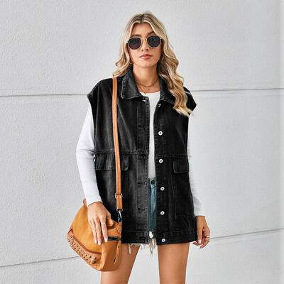 Pocketed Button Up Sleeveless Denim Jacket - Trendsi - Flyclothing LLC
