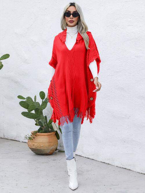 Fringe Trim Buttoned Hooded Poncho - Trendsi - Flyclothing LLC