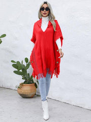 Fringe Trim Buttoned Hooded Poncho - Trendsi