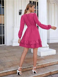 Swiss Dot Surplice Smocked Ruffle Hem Dress - Trendsi