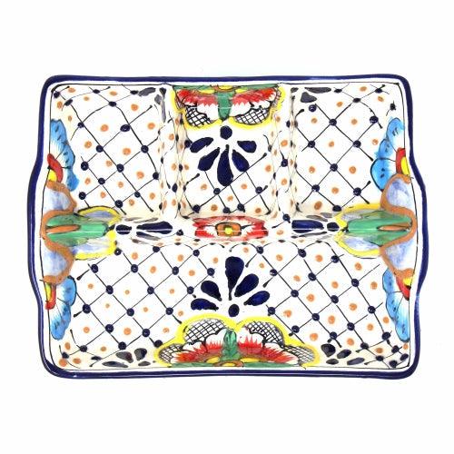 Handmade Pottery 9" Divided Platter, Dots & Flowers - Encantada - Flyclothing LLC