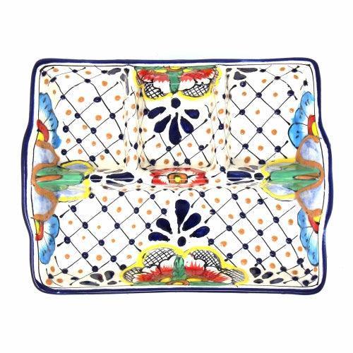 Handmade Pottery 9" Divided Platter, Dots & Flowers - Encantada - Encantada