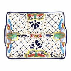 Handmade Pottery 9" Divided Platter, Dots & Flowers - Encantada - Encantada