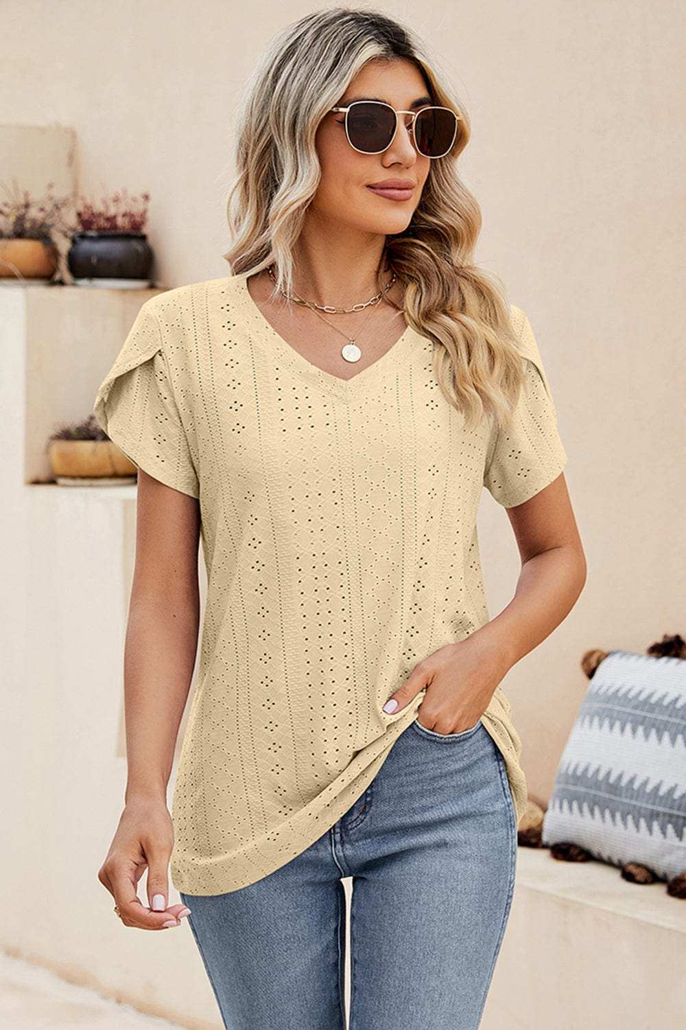Eyelet V-Neck Petal Sleeve T-Shirt - Trendsi - Flyclothing LLC