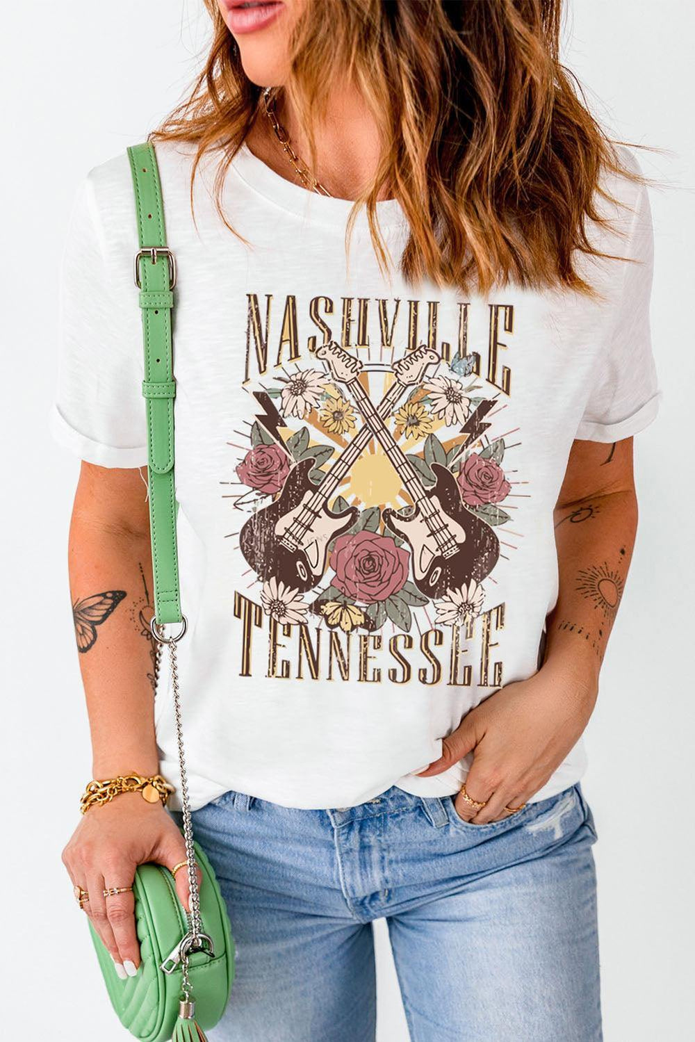 NASHVILLE TENNESSEE Cuffed Tee Shirt - Trendsi