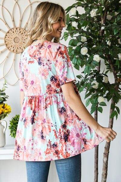 Heimish Full Size Floral V-Neck Short Sleeve Babydoll Blouse - Trendsi - Flyclothing LLC