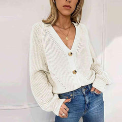 Button Up V-Neck Long Sleeve Cardigan - Trendsi