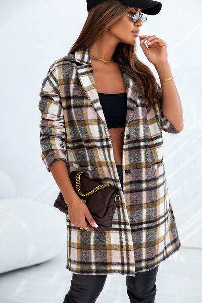 Plaid Longline Jacket with Pockets - Trendsi - Flyclothing LLC