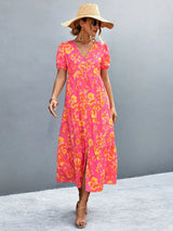 V-Neck Short Sleeve High Slit Midi Dress - Trendsi - Flyclothing LLC