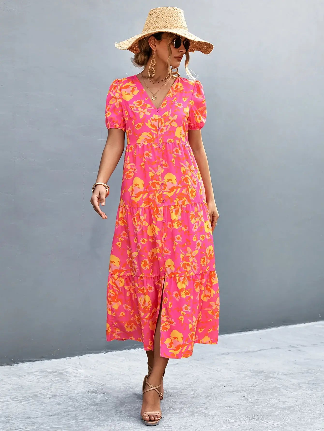 V-Neck Short Sleeve High Slit Midi Dress - Trendsi - Flyclothing LLC