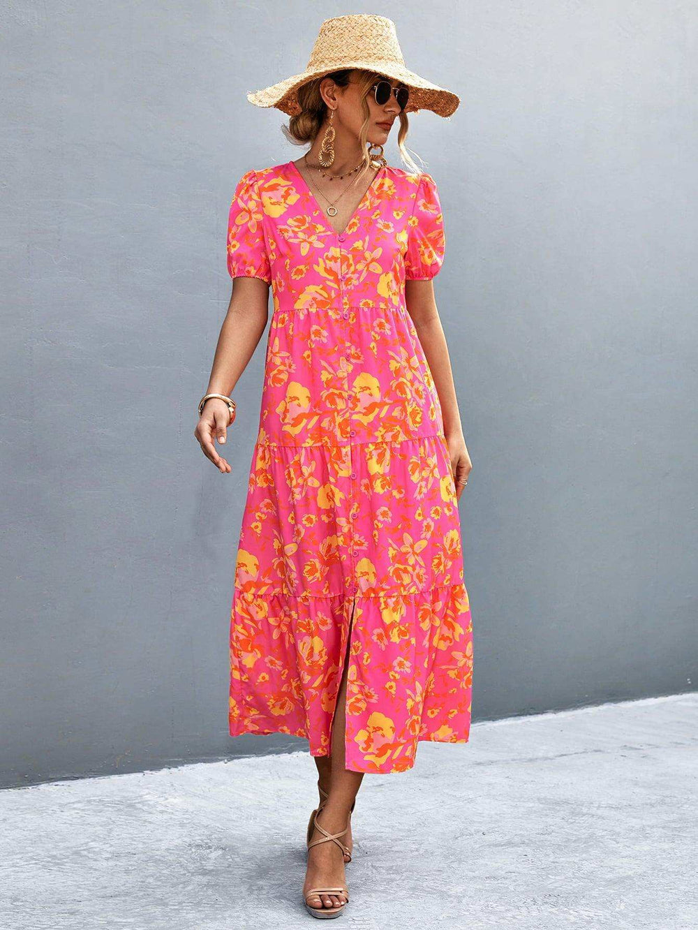 V-Neck Short Sleeve High Slit Midi Dress - Trendsi - Flyclothing LLC