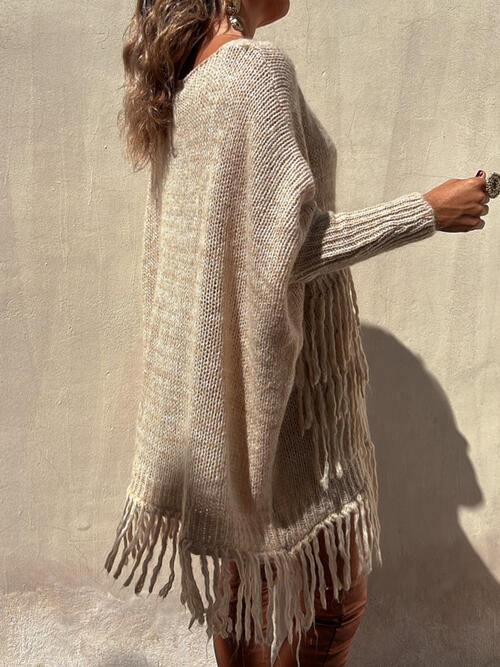 Fringe Detail Long Sleeve Sweater with Pockets - Trendsi