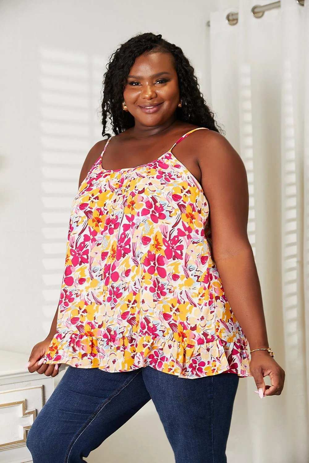 Double Take Floral Scoop Neck Ruffle Hem Cami - Trendsi - Flyclothing LLC