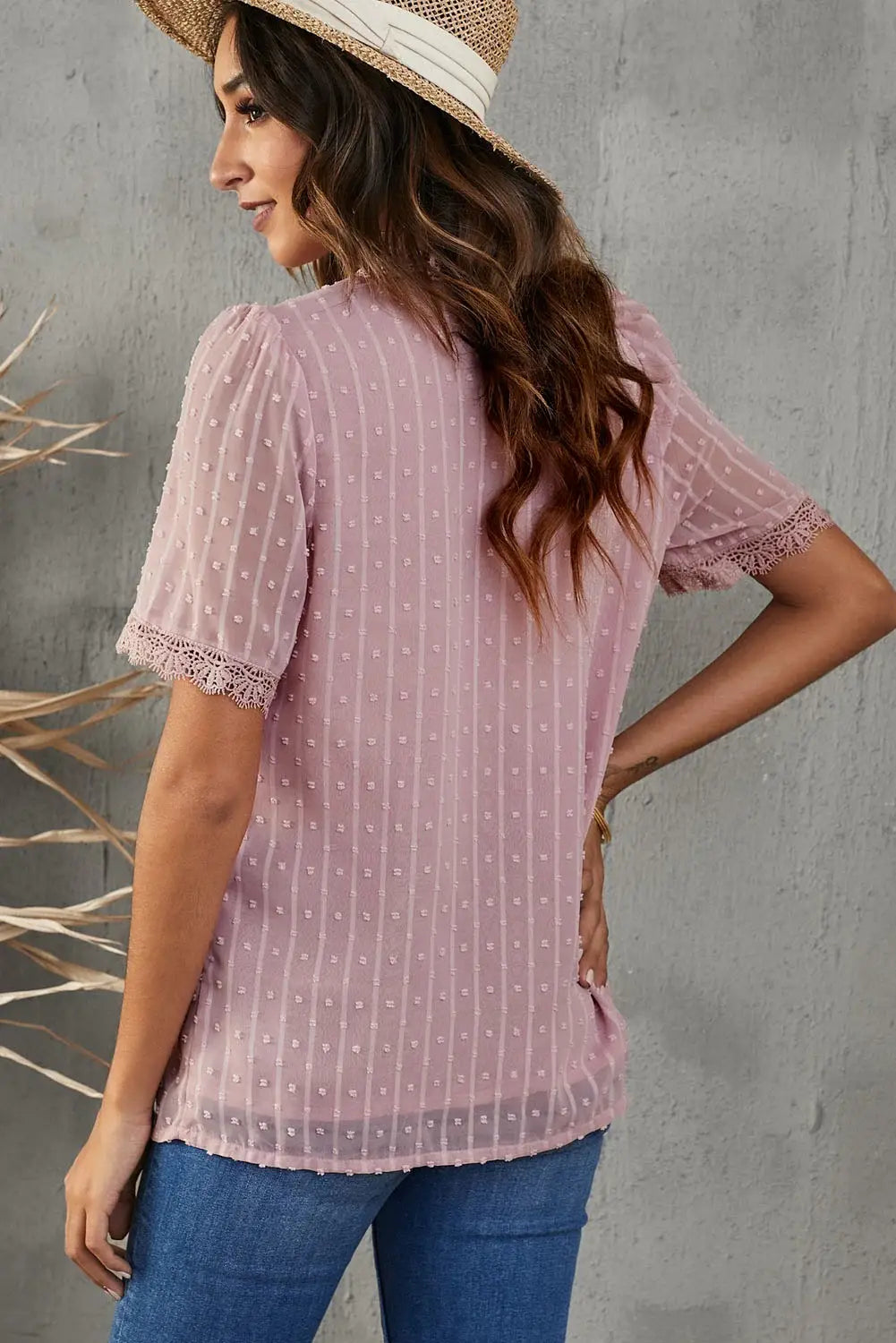 Swiss Dot Lace Trim Plunge Blouse - Trendsi - Flyclothing LLC