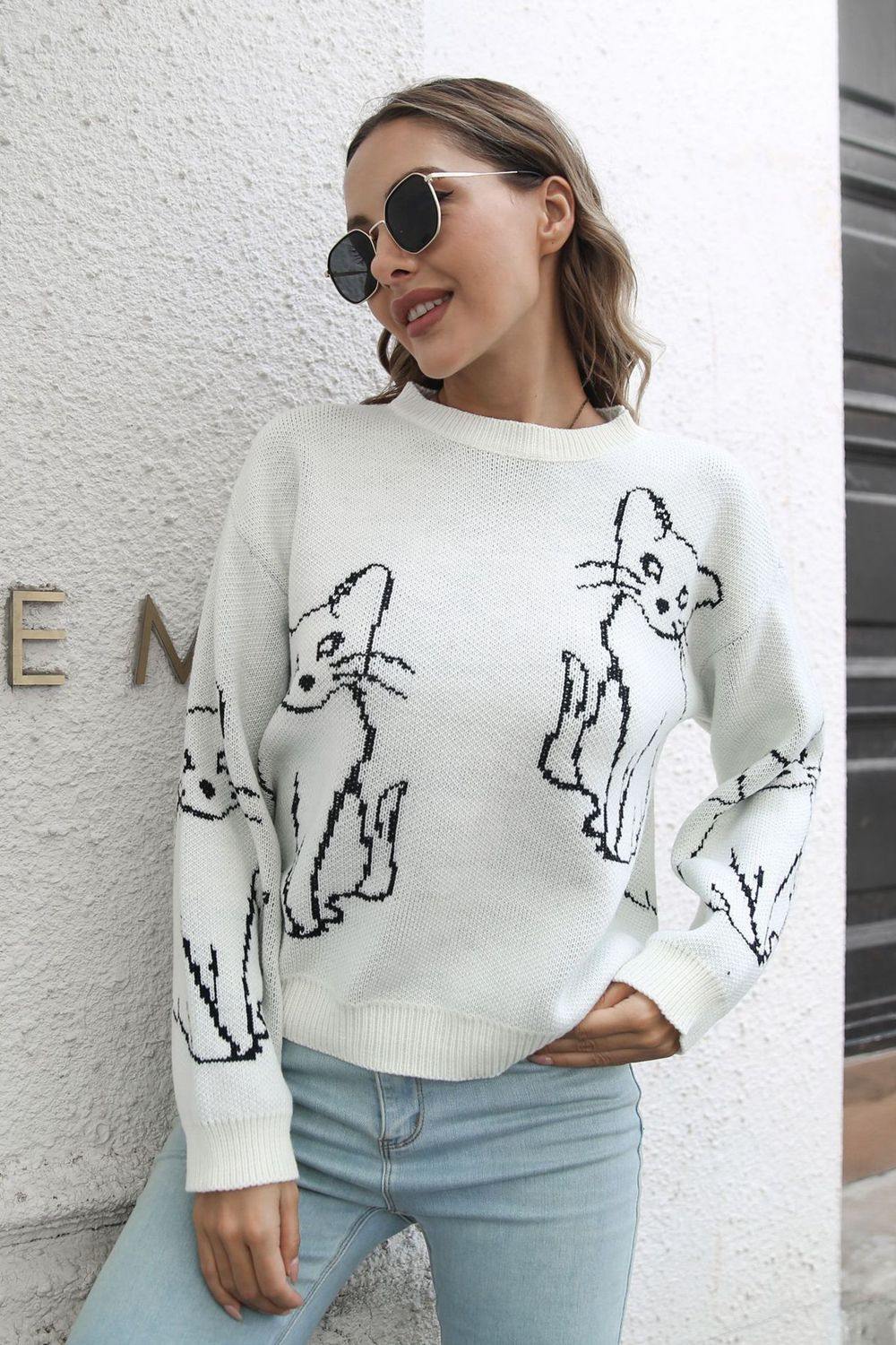 Cat Pattern Round Neck Long Sleeve Pullover Sweater - Trendsi