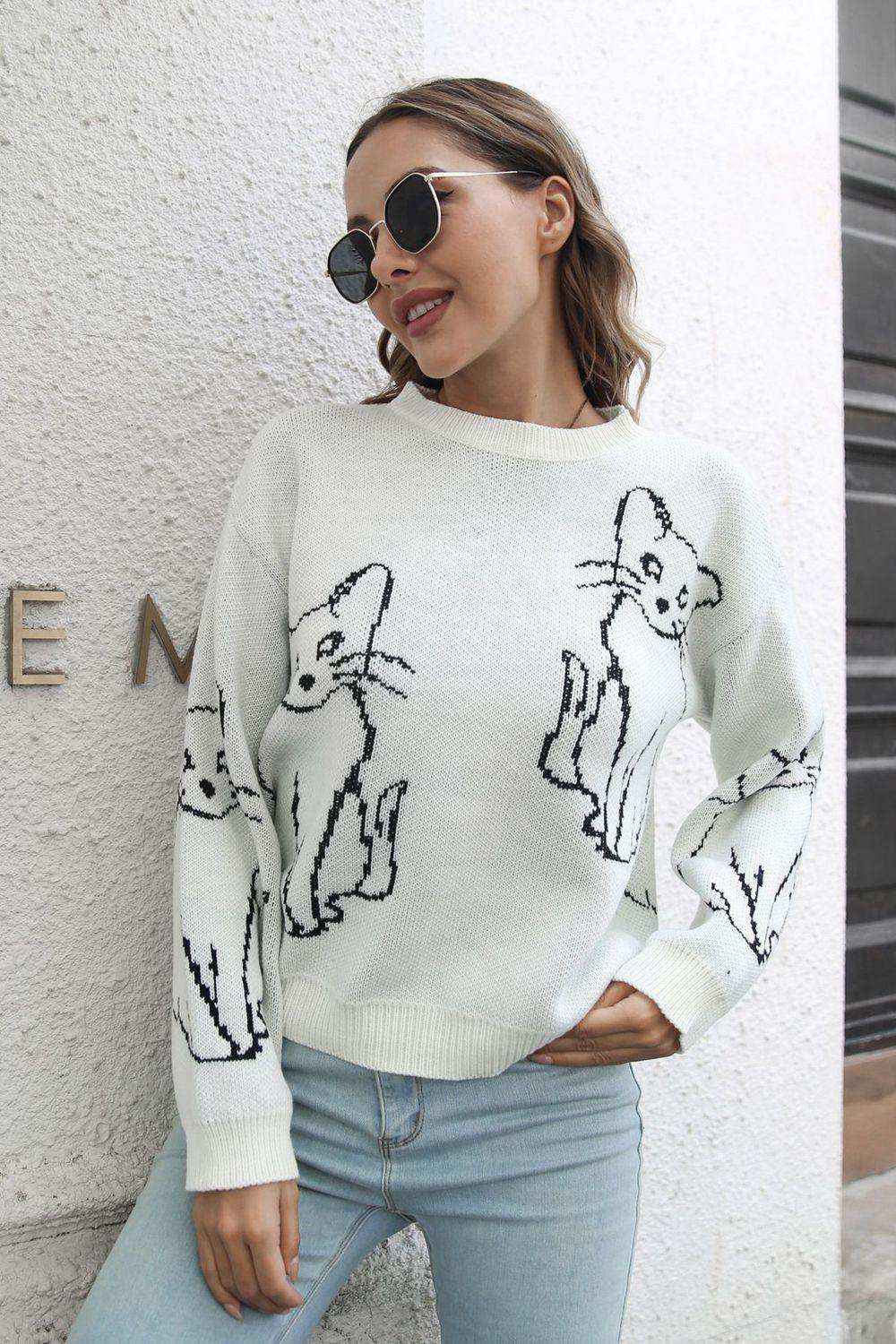 Cat Pattern Round Neck Long Sleeve Pullover Sweater - Trendsi - Flyclothing LLC