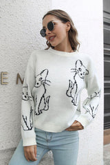Cat Pattern Round Neck Long Sleeve Pullover Sweater - Trendsi
