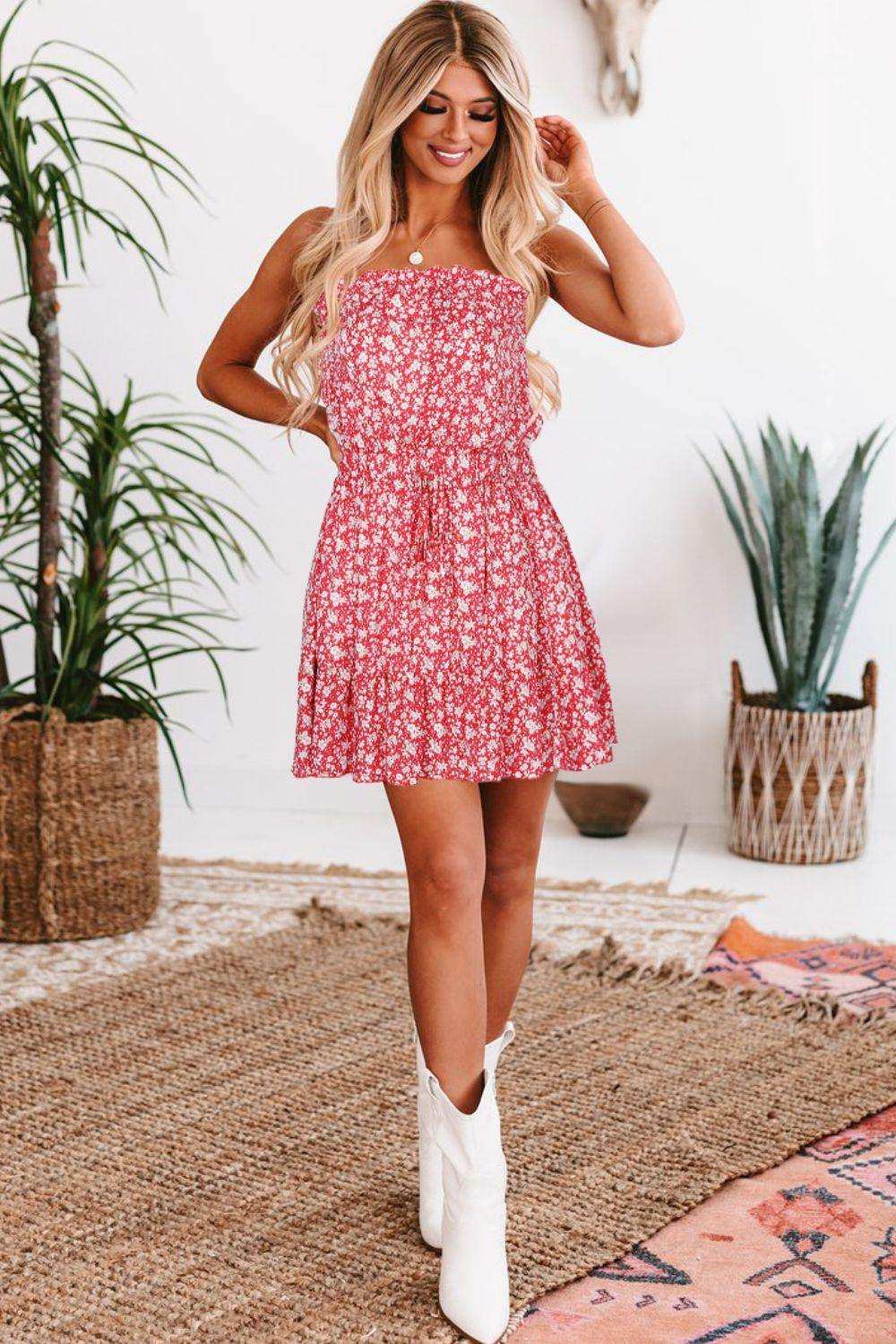 Ditsy Floral Strapless Mini Dress - Trendsi - Flyclothing LLC