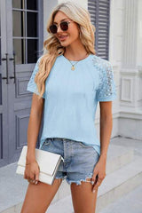 Openwork Round Neck Short Sleeve T-Shirt - Trendsi - Flyclothing LLC
