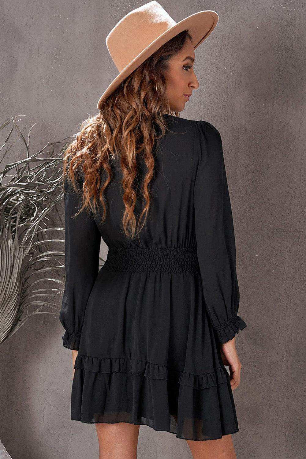 Tied Plunge Smocked Waist Flounce Sleeve Dress - Trendsi - Flyclothing LLC