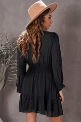 Tied Plunge Smocked Waist Flounce Sleeve Dress - Flyclothing LLC