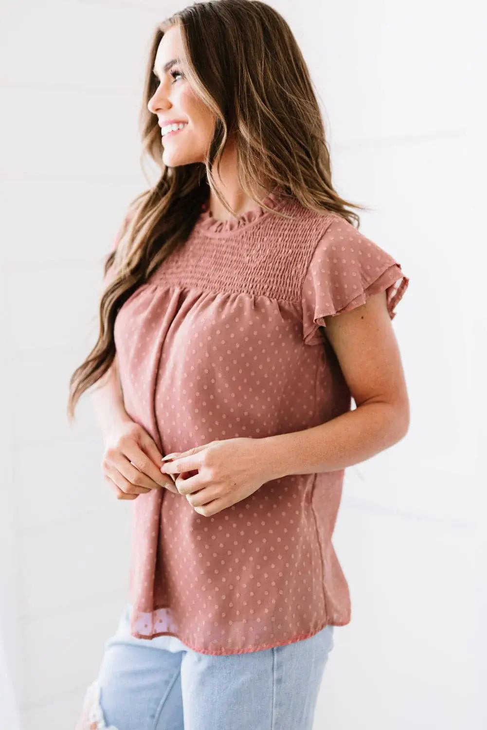 Polka Dot Smocked Flutter Sleeve Blouse - Trendsi - Flyclothing LLC