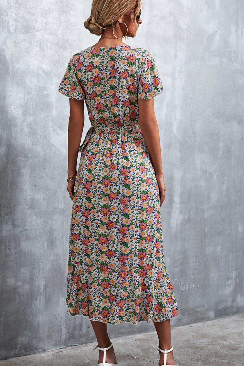 Floral Surplice Neck Tied Midi Dress - Trendsi - Flyclothing LLC