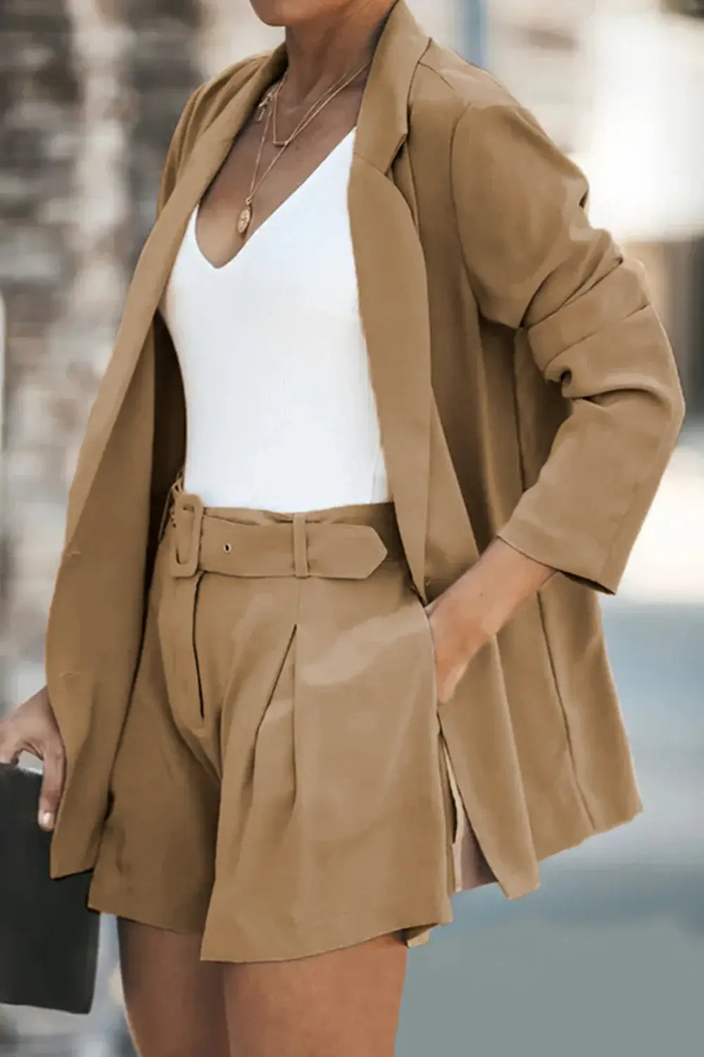 Longline Blazer and Shorts Set with Pockets - Trendsi - Flyclothing LLC