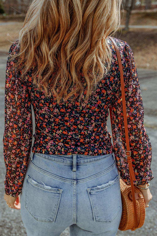 Floral Long Flounce Sleeve Blouse - Trendsi - Flyclothing LLC