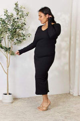Culture Code Full Size Ribbed Long Sleeve Midi Slit Dress - Trendsi - Flyclothing LLC
