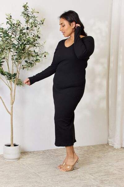 Culture Code Full Size Ribbed Long Sleeve Midi Slit Dress - Trendsi - Flyclothing LLC