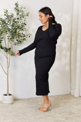 Culture Code Full Size Ribbed Long Sleeve Midi Slit Dress - Trendsi