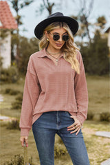 Collared Neck Cable-Knit Long Sleeve Blouse - Trendsi