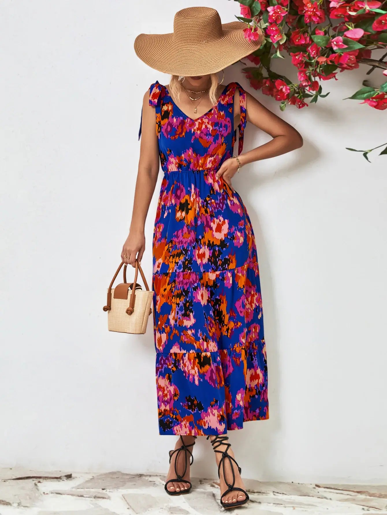 Multicolored V-Neck Backless Midi Dress - Trendsi - Flyclothing LLC