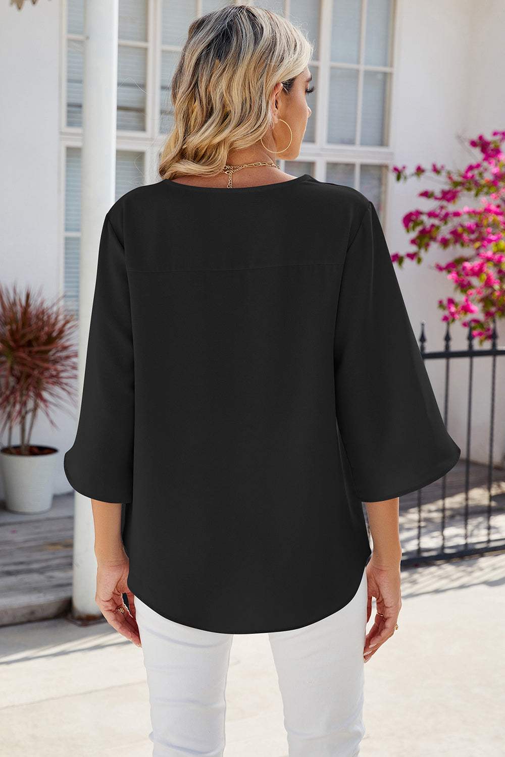 V-Neck Three-Quarter Sleeve Top - Trendsi - Flyclothing LLC