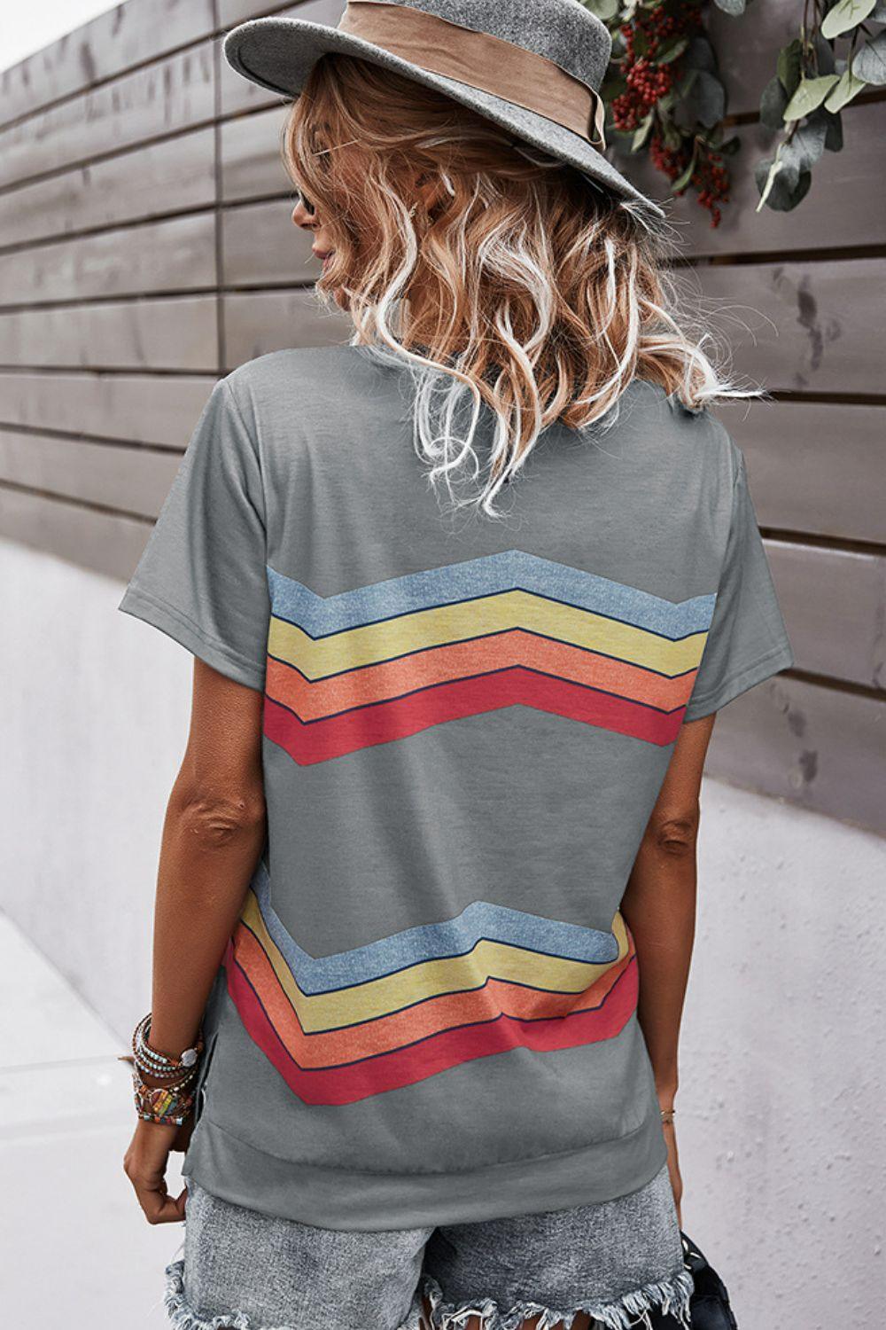 Multicolored Chevron Stripe Round Neck Side Slit T-Shirt - Flyclothing LLC