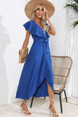 Ruffled Tied V-Neck Midi Dress - Trendsi