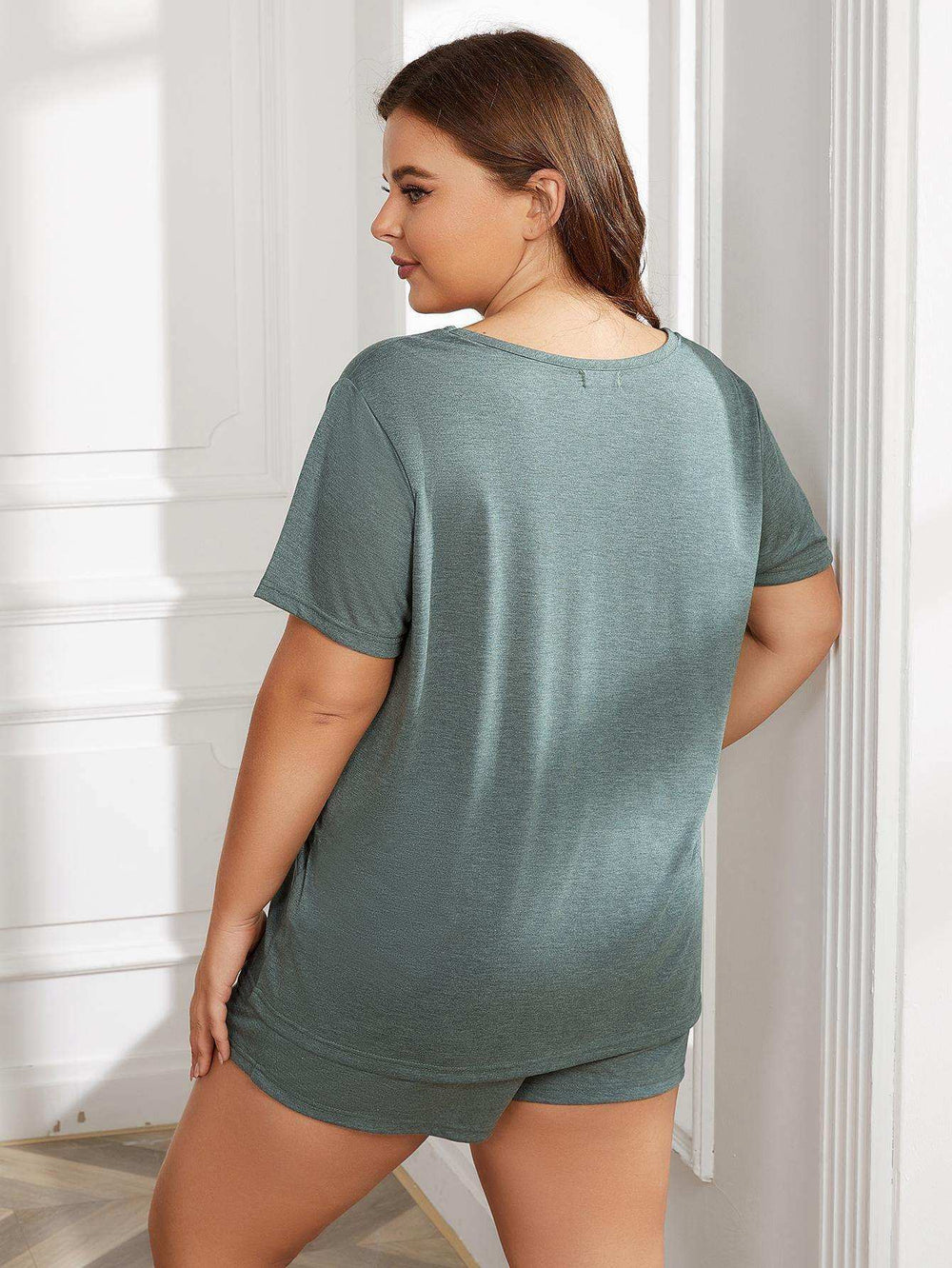 Plus Size Round Neck Short Sleeve Two-Piece Loungewear Set - Trendsi - Flyclothing LLC