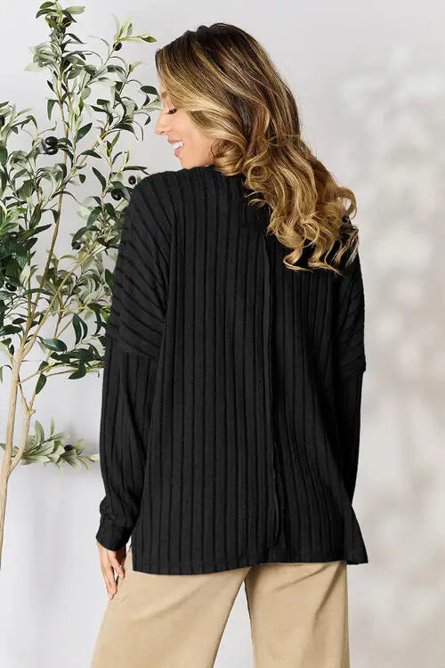 Basic Bae Full Size Ribbed Round Neck Slit T-Shirt - Trendsi - Flyclothing LLC