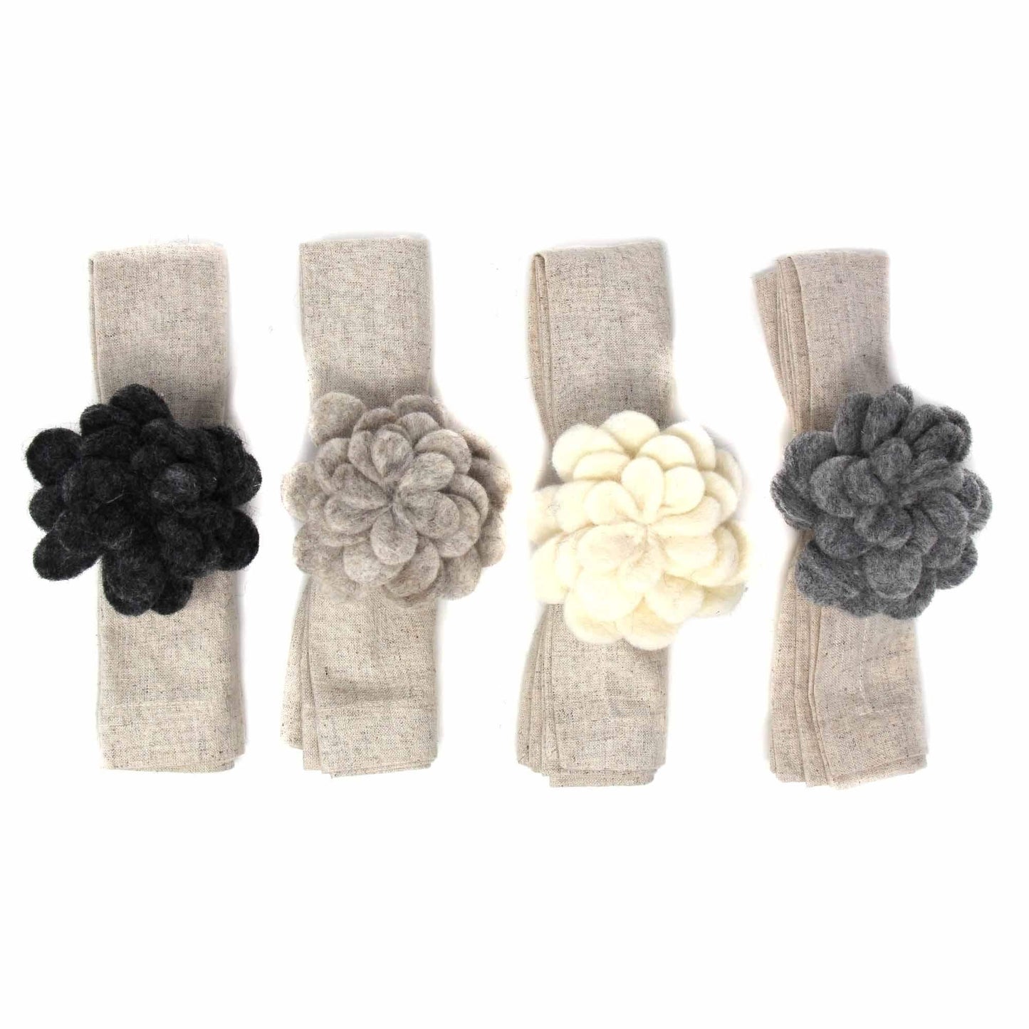 Hand Crafted Felt: Set of 4 Napkin Rings, Assorted Neutral Color Zinnias - Global Groove Direct - Flyclothing LLC