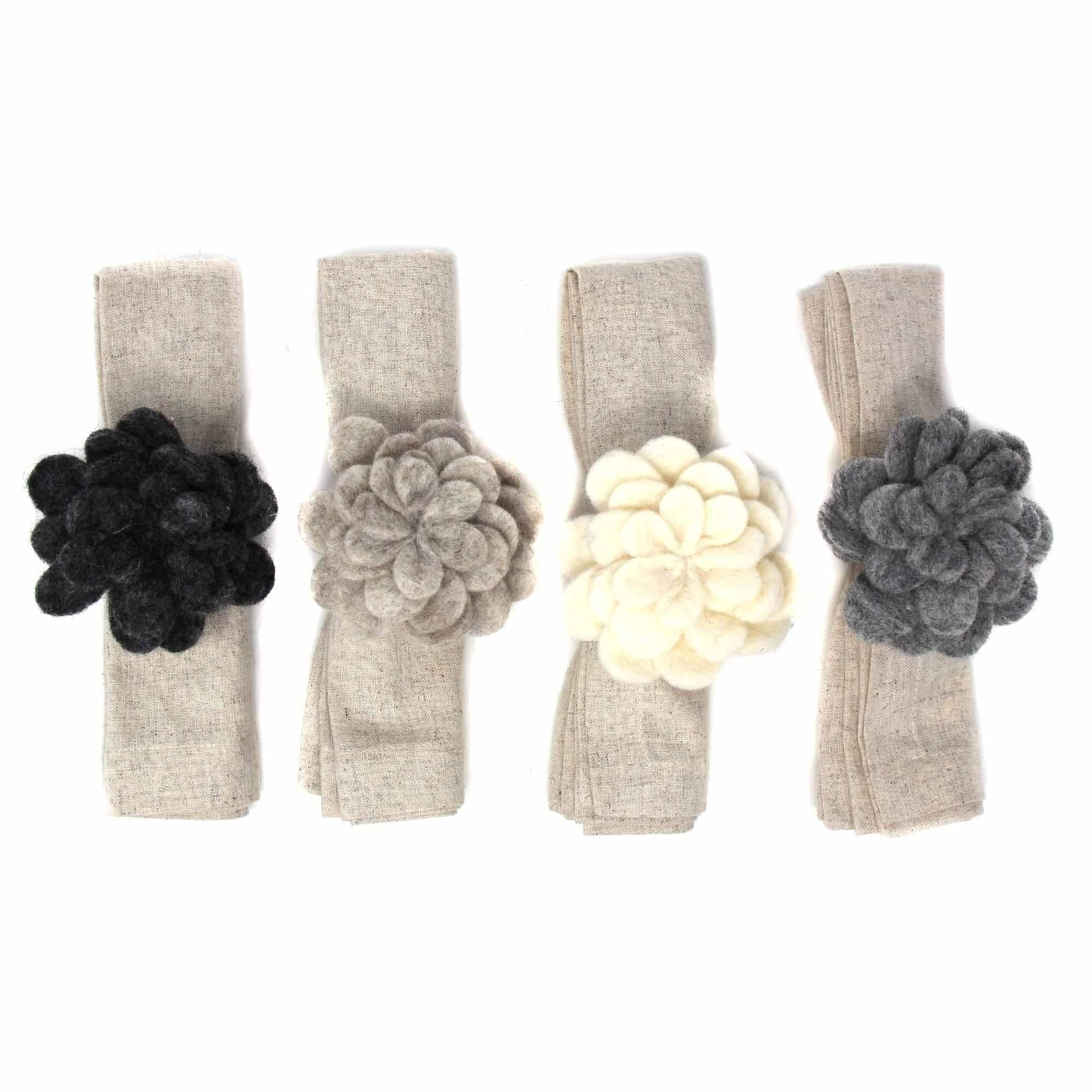 Hand Crafted Felt: Set of 4 Napkin Rings, Assorted Neutral Color Zinnias - Global Groove Direct - Flyclothing LLC