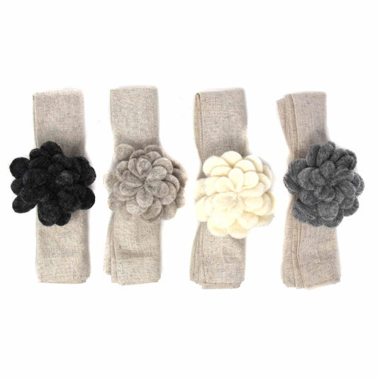 Hand Crafted Felt: Set of 4 Napkin Rings, Assorted Neutral Color Zinnias - Flyclothing LLC