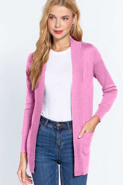 ACTIVE BASIC Ribbed Trim Open Front Cardigan - Trendsi - Flyclothing LLC