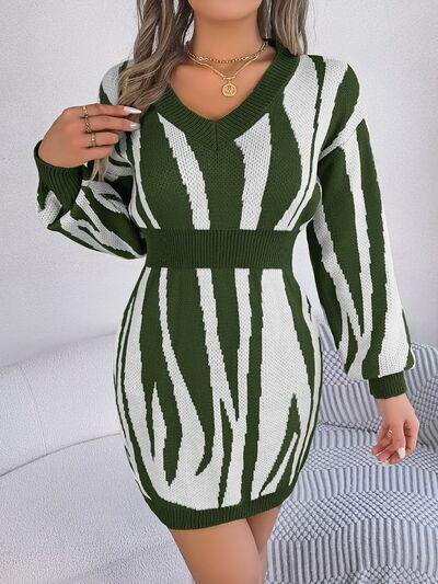 Animal Print V-Neck Long Sleeve Sweater Dress - Trendsi