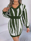 Animal Print V-Neck Long Sleeve Sweater Dress - Trendsi - Flyclothing LLC