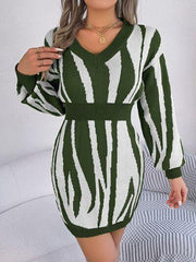 Animal Print V-Neck Long Sleeve Sweater Dress - Trendsi