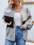 Color Block Button Up Lantern Sleeve Cardigan - Trendsi